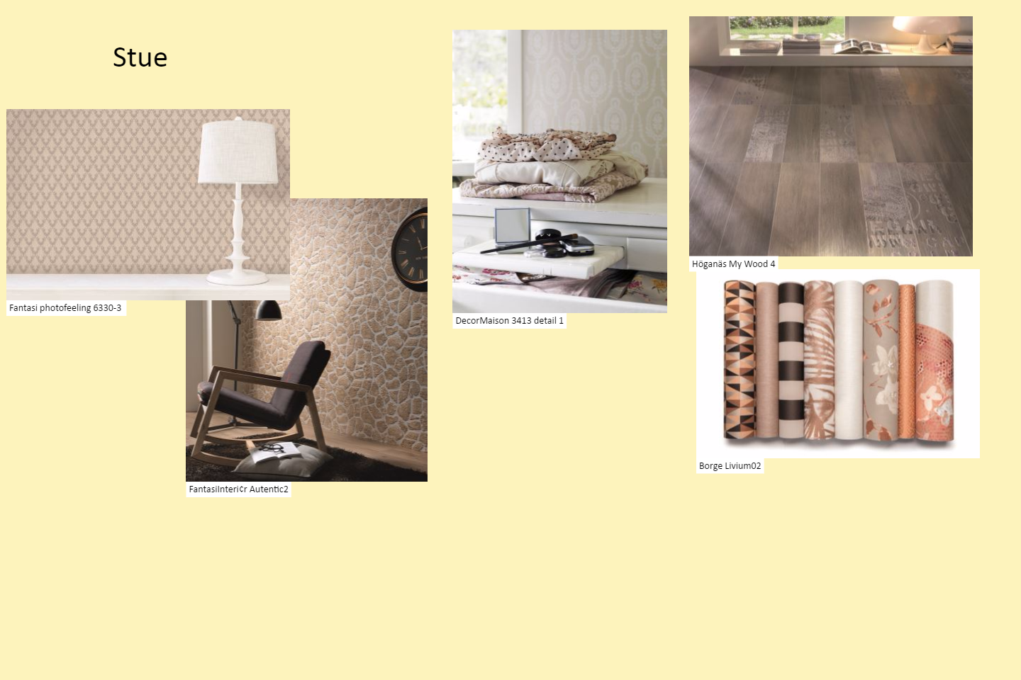 Stue - farger og materialer moodboard